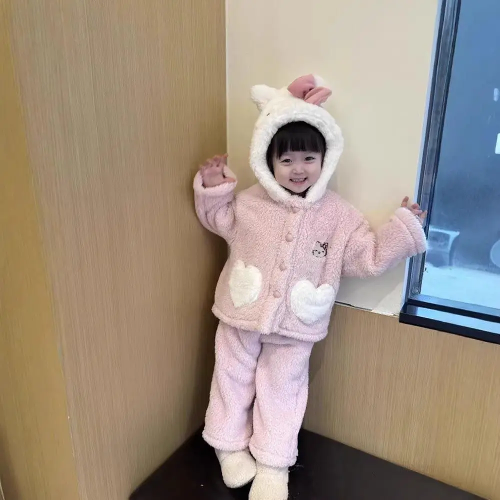 

Sanrio Hello Kitty Winter Plush Warms Baby Girl Pajama Sets Cartoon Thicken Pajamas Set Girls Home Wear Suit Toddler Pajamas Set