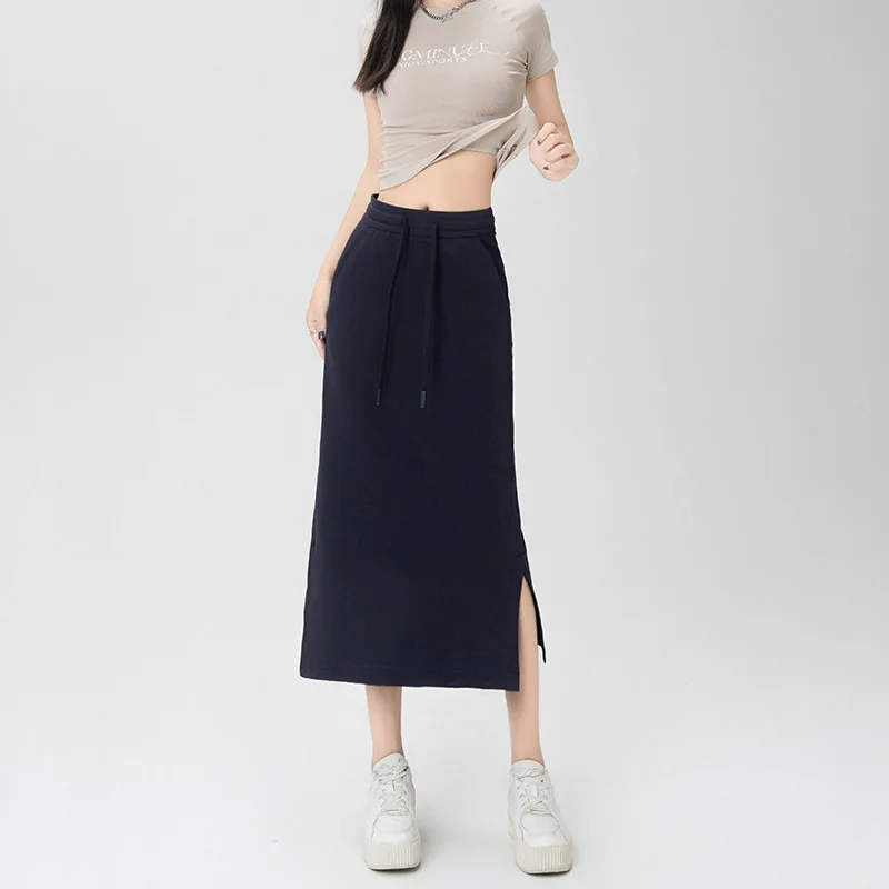 여성용 드로스트링 스플릿 시크 다용도 롱 스커트, 신축성 있는 하이웨이스트 심플 오피스룩 펜슬 스커트 2025 신상품