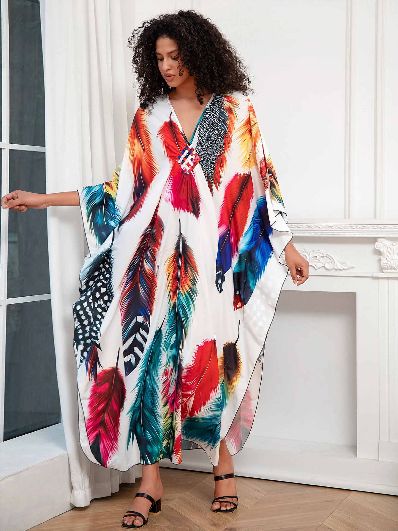 Bohomian Colorful Printed Long Sleeve Kaftan Dress Oversize Beach House Robe 2024 Summer Vacation Cozy Maxi Dresses Q1634