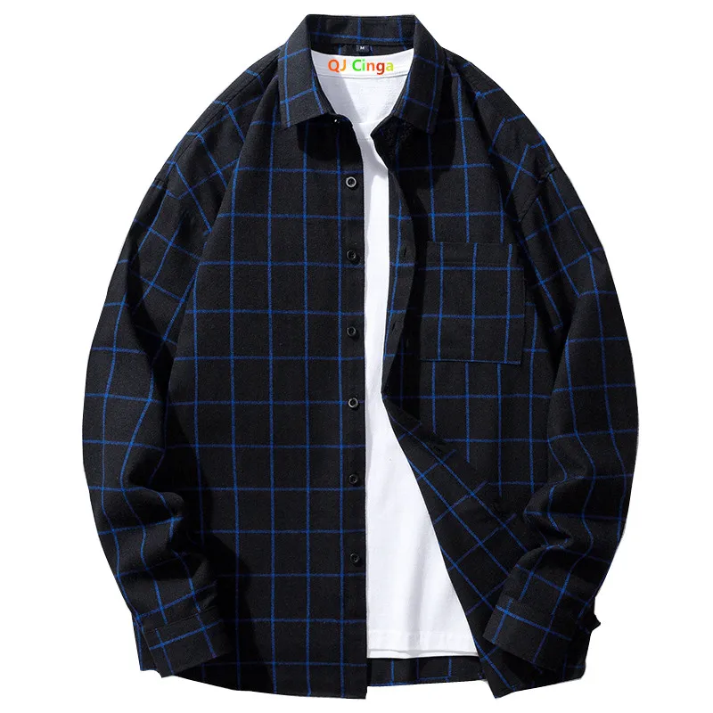 2026 New Men's Black Long Sleeve Shirt with Blue Striped Grid Decoration Casual Loose Fit Fashion Top Shirt