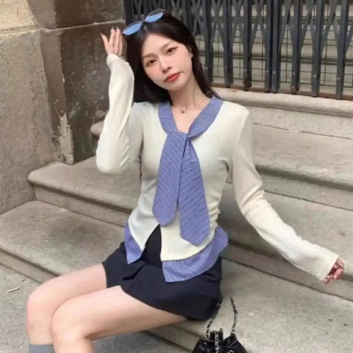 

Knitted Sweater 2024 New Women Two-Piece Plaid Pullover British Fashion Casual Autumn Knitted Sweater