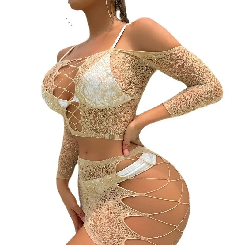 Hot Sexy Lingerie Diamond Fishnet Stockings Women Rhinestone Open Crotch Mesh Body Tights Exotic Lingerie Fishnet Bodysuit