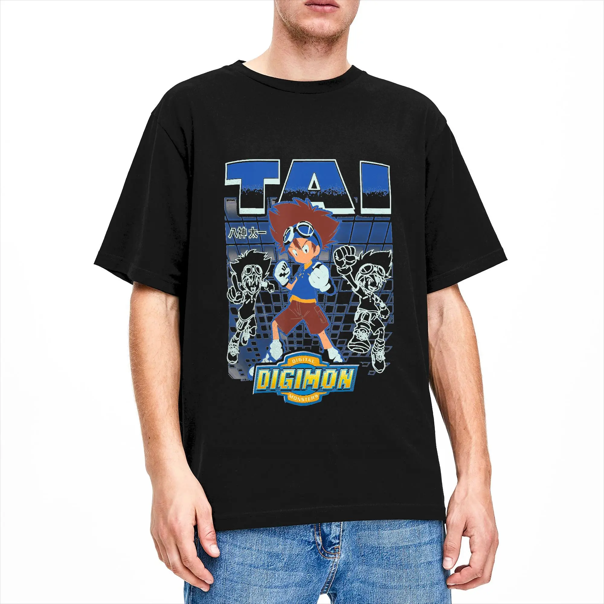 Vintage Digimon Taichi Vintage Action Grid and Logo Digital Monsters T-Shirt Men Round Collar Pure Cotton T Shirts  Short Sleeve