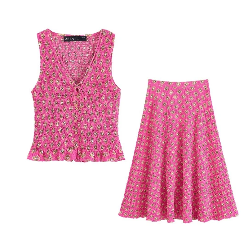 

Women's 2025 Printed Maxi Skirts Set Sleeveless Lace-Up Tank Top High Waist Baggy Skirt Boho Summer Beach Vacation Outfit ﻿