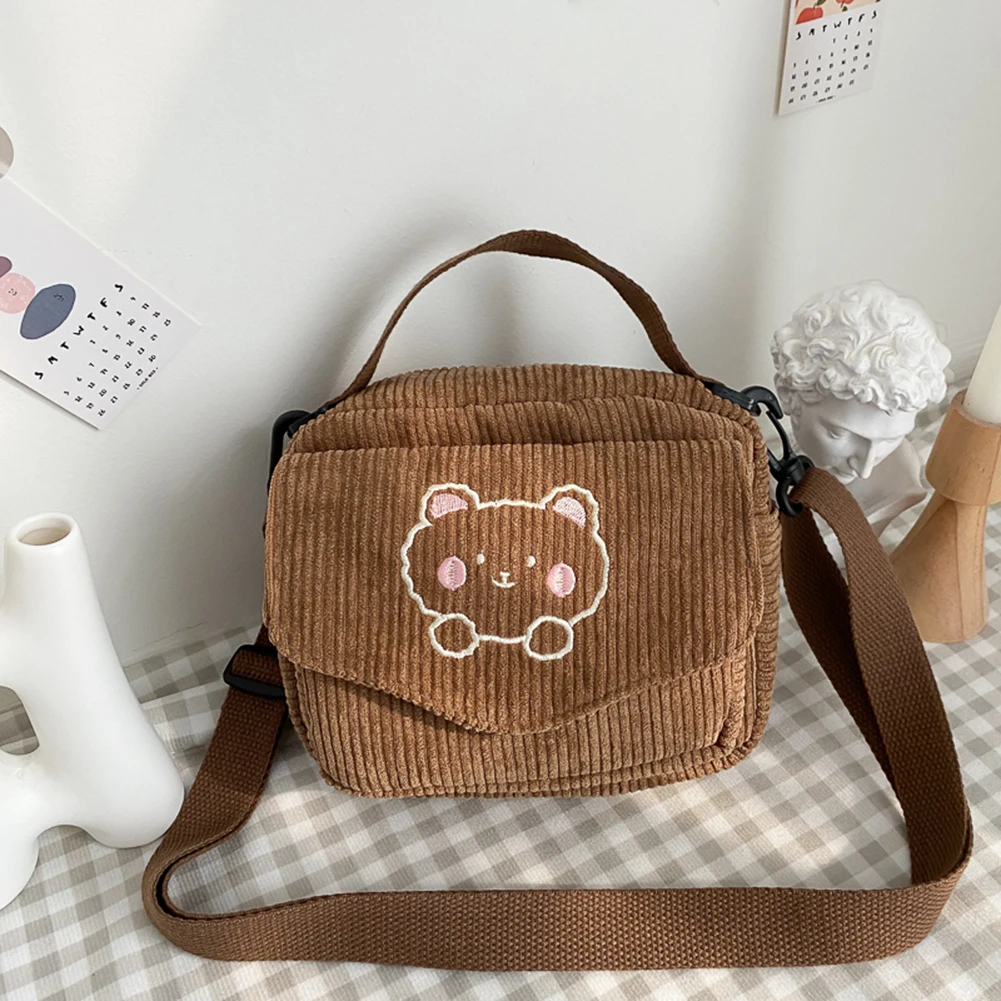 

Corduroy Shoulder Purse Embroidery Bear Women Crossbody Handbag Small Japanese Flap Pocket Autumn Winter Purse for Student Girls