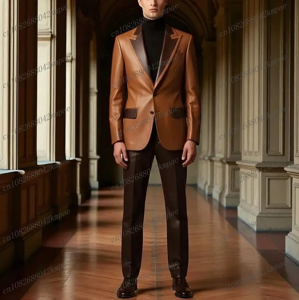 

New Brown Satin Men Suit Formal Groom Groomsman Wedding Party Prom Male Business Tuxedos 2 Piece Set Blazer Pants