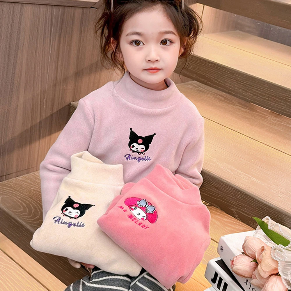 Winter Autumn Kuromi Melody Kids High Neck Base Shirt Kawaii Anime Sanrios White Fleece Pullovers Thicken Warm T-Shirt Fashion