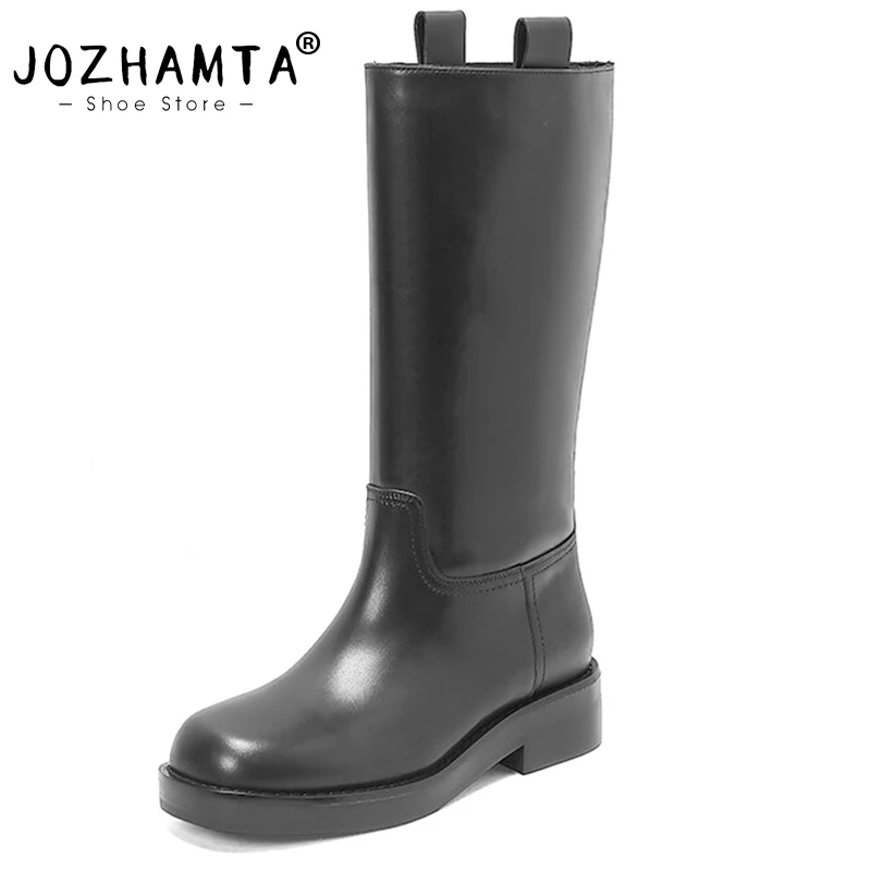 

JOZHAMTA Women Knee Boots Genuine Leather Thick Heels Winter Flats Footwear Woman Platform Boots Ladies Shoes For Women Botas