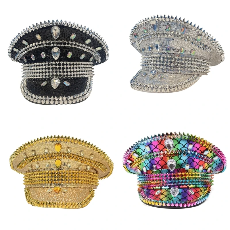 

Adult Music Festivals Hat with Rivet Studded Decor Stage Show Military Hat Stage Performances Hat for New Year Dropship