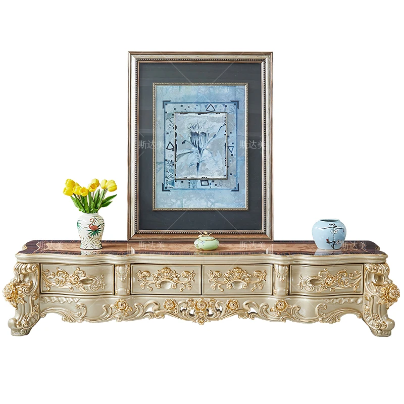 

European TV cabinet solid wood carving flower large apartment living room high-end luxury villa marble TV cabinet c