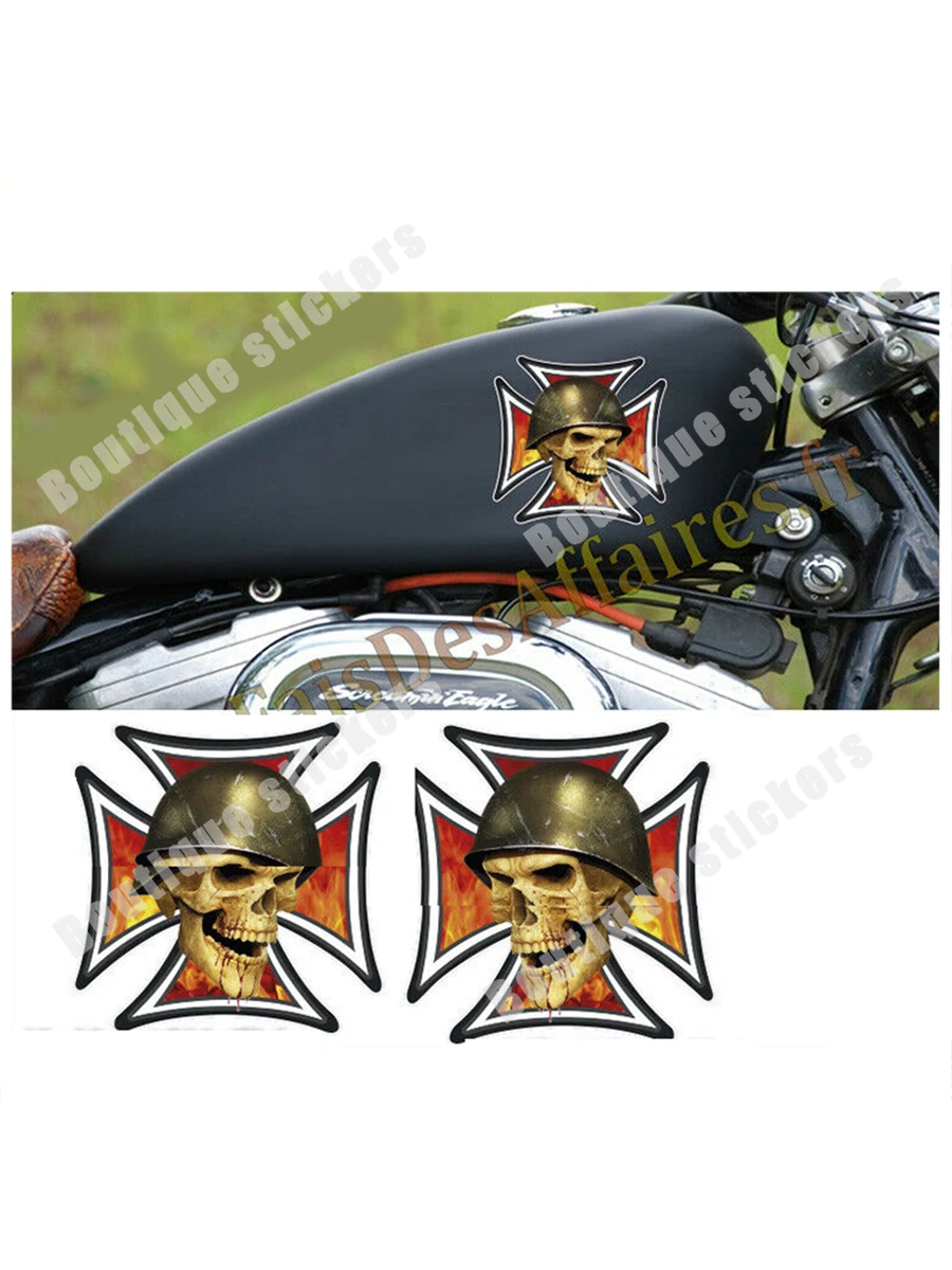 A Pair Horsepower Checkered Flag Malt Cross Skull Vespa Wasp Eagle Old School Motorcycle Fuel Tank Head Back Die-cut Car Decals