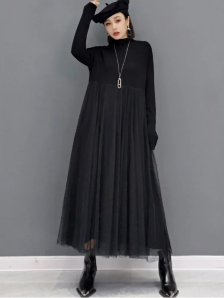 Vefadisa 2024 Autumn Winter New Black Women Sweater Dress O-Neck Long Sleeve Patchwork Mesh Dress Casual Fashion Dress ZXY897A