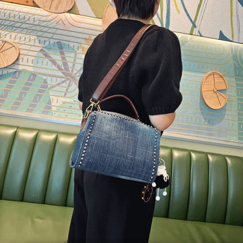 Casual Denim Women Handbag Top Handle Tote Vintage Washed Canvas Rivet Crossbody Pillow Ita Bag Multifunctional Shoulder Bag