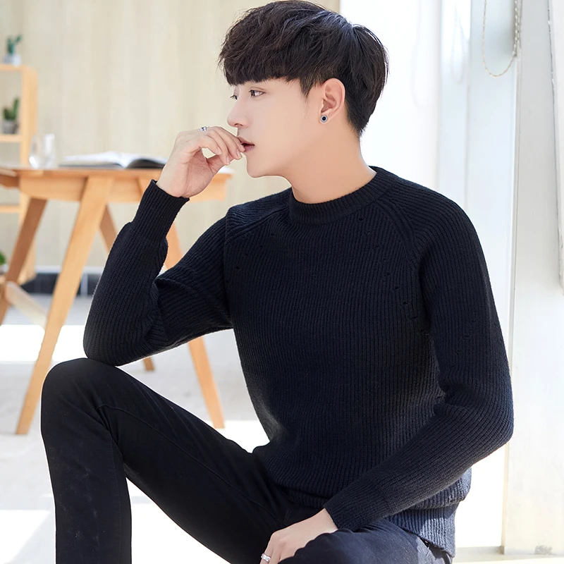 Spring and Autumn New Men's Knitted Sweater Fashion Casual Youth Comfortable Versatile Bottom Layer Slim Solid Color Warm Top