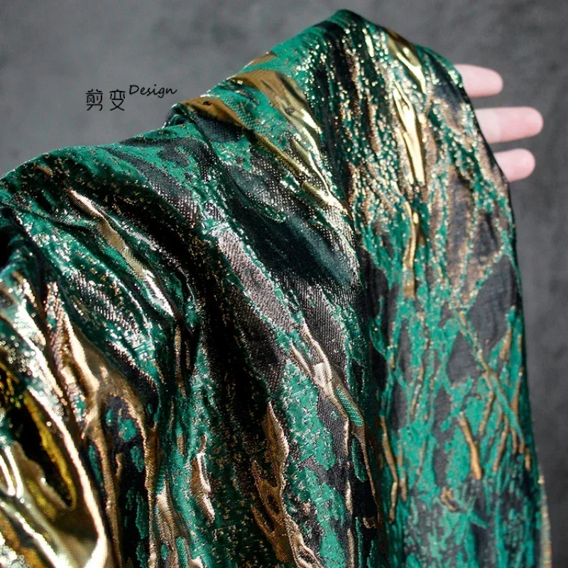 Retro Dark Green 3D Texture Gold Striped Jacquard Fabric Embossed High-end Curtains Han Clothing Designer Fabrics for DIY Sewing