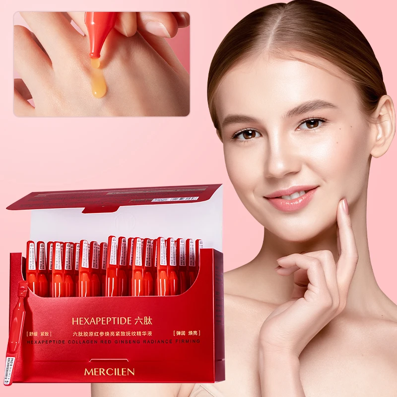 Esencia de Ginseng Rojo con Seis Péptidos de Colágeno Mercilen 1.5ml*30 Ampollas, Contiene Ácido Hialurónico, Ceramida y Escualano de Origen Vegetal para Hidratar e Iluminar la Piel del Rostro, Deja la Piel con Apariencia más Joven, Apto para Todo Tipo de Piel, Envase de Viaje