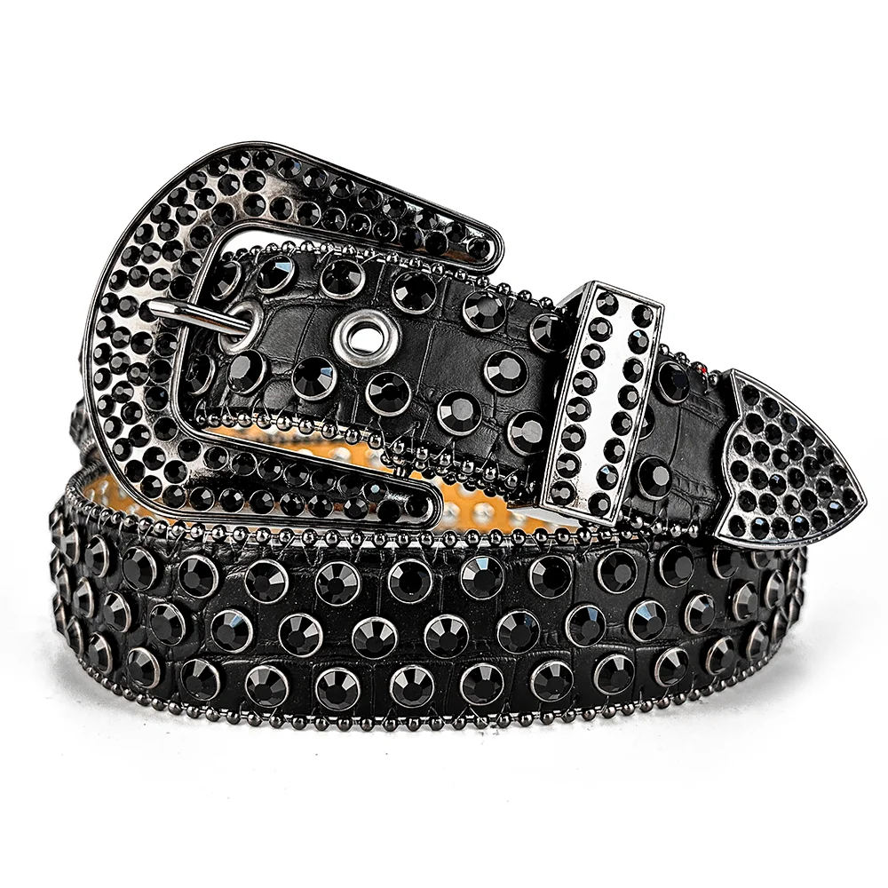 

Classic Rhinestone Inlaid Belt Hip Hop Black Eyelet Hollow Out PU Waist Belts Trendy Unisex Jeans Pants Belt for Women Men