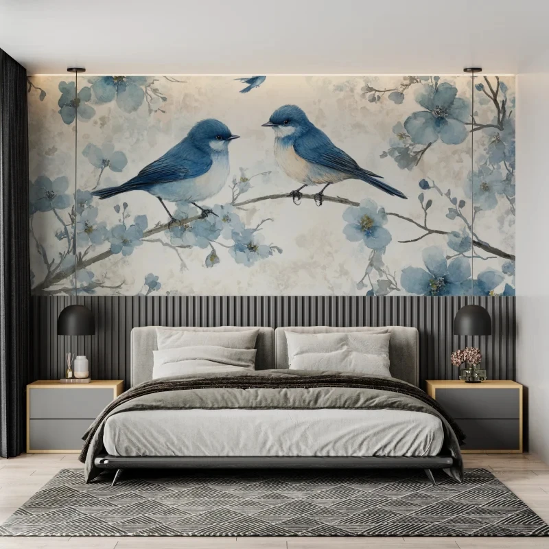 Customized Wallpaper Watercolor Blue Bird Floral Mural Cherry Blossom Branch Wallpaper for Living Room Bedroom Nordic wallpaper