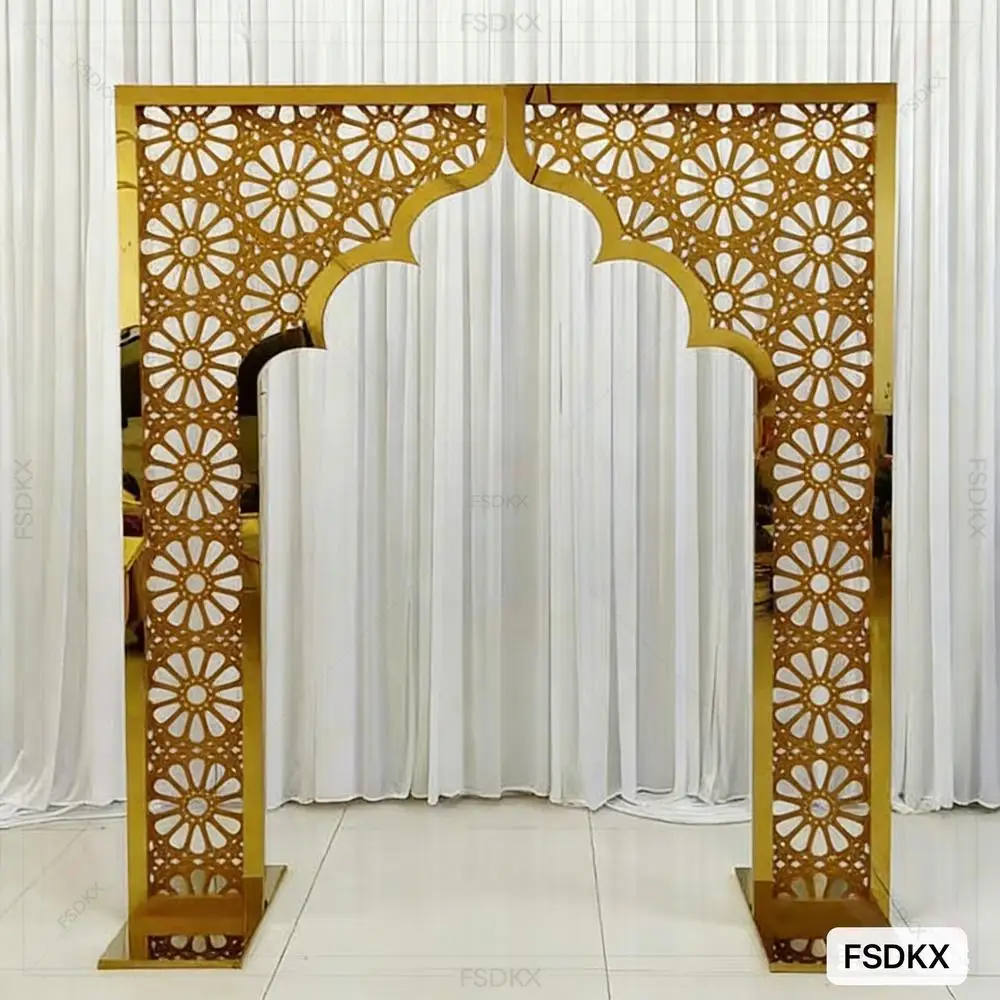 

FSDKX Indian Style Wedding Arch Backdrop Stand Gold Event Metal Arch Wedding Stage Backdrop Decorative Stand