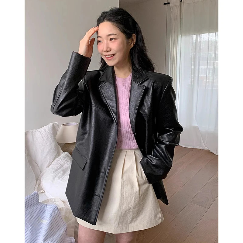 Chic Autumnal Loose Fit Tailored Lapel Single Button Pure Color PU Leather Jacket Women's Fashion Commute Sle Long Sleeve