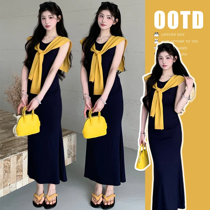 

Maternity Suit Summer 2026 Slim Fit Bodycon Sleeveless Dress and Yellow Shawl For Pregnant Women Versatile Minimalist