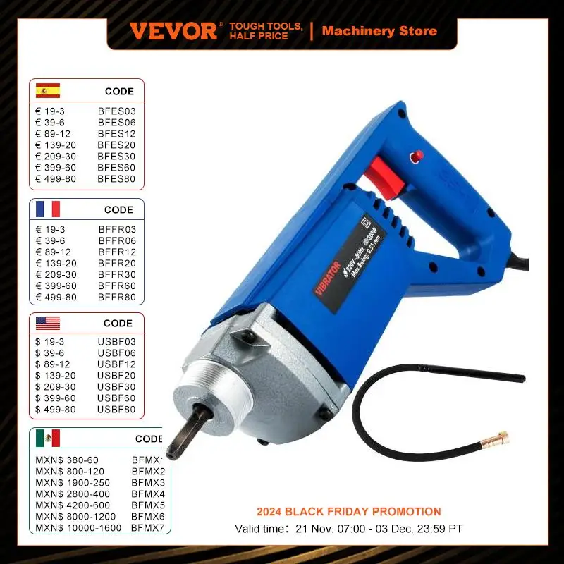 VEVOR Electric Concrete Vibrator 800W with 35mm Needle Vibrating Poker & 1.5m Hose Pure Copper Motor for Vibrating Cement Pillar