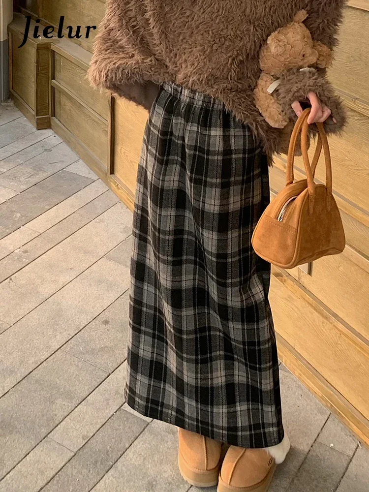 Jielur Women's Black Vintage Thickened Plaid Split Half Skirt Spring New Korean Fashion Women High Waist Casual Straight Skirts