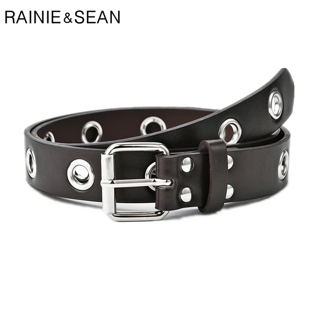 RAINIE SEAN Punk Women Belt with Hole Rock Punk Belts for Women Pin Buckle Black White Pu Leather Ladies Waist Belt 110cm Hollow