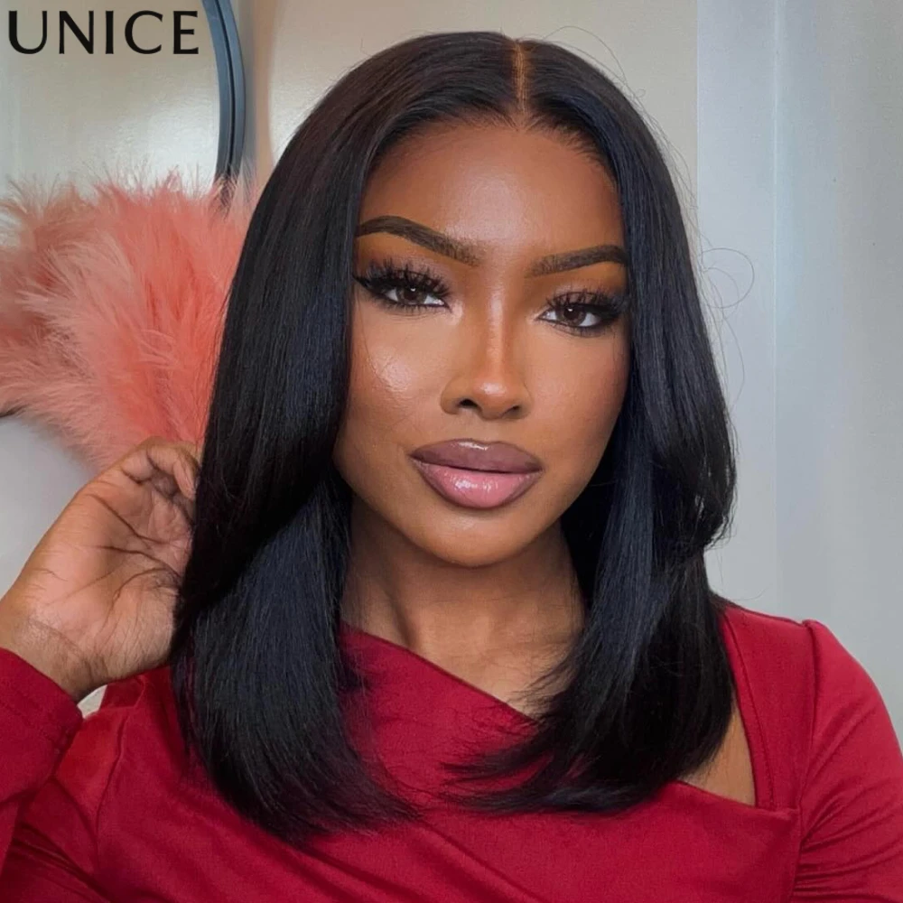

UNice 7x5 Bye Bye Slip™ Layered Cut Yaki Straight Human Hair Bob Wig With Drawstring Pre Cut Pre Bleached Wear Go Glueless Wig
