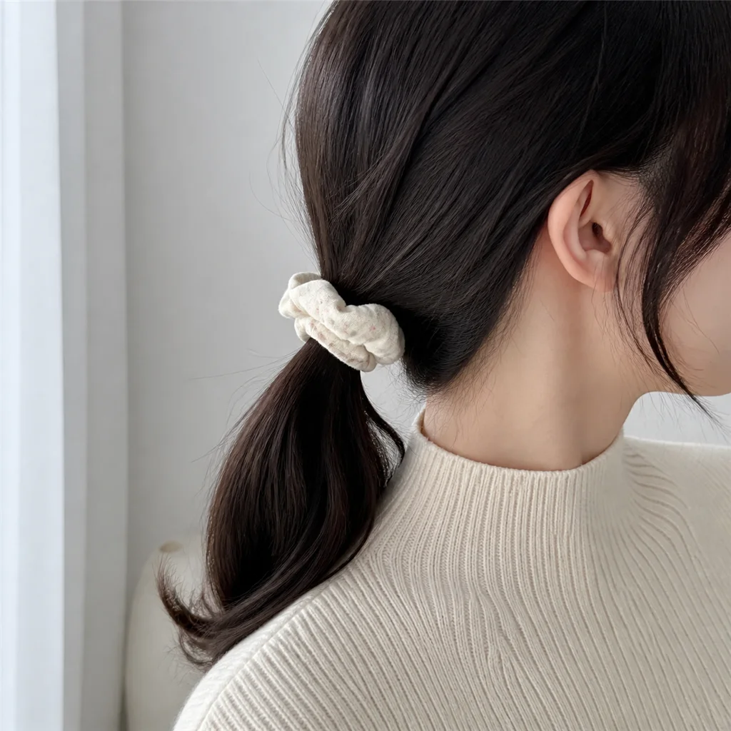 Cream Pink Bow Petite Floral Single-Layer Scrunchie Handmade Elastic Hair Tie for Ponytail and Bun 5