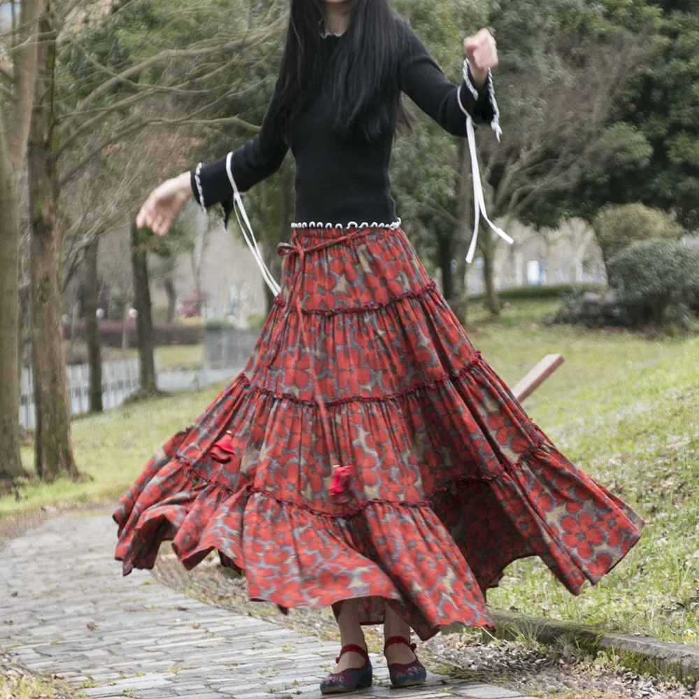 TIYIHAILEY Freies Verschiffen 2023 Neue Große Rand Mode Lange Maxi A-linie Elastische Taille Frauen Baumwolle Druck Dünne Sommer Frühling Rock