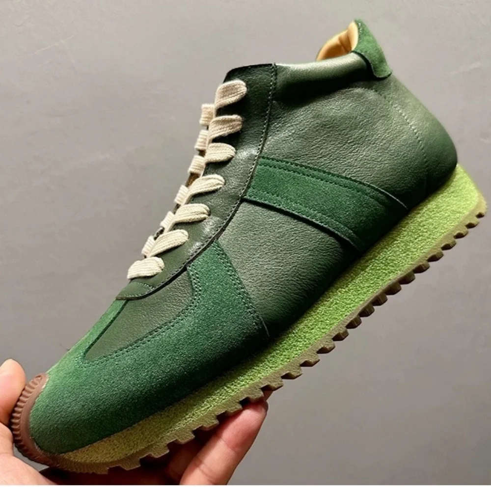 

QHCCID Fashion Trend Casual Shoes Cowhide leather mid-top Blue-Green Cowhide lace-up Men's Shoes