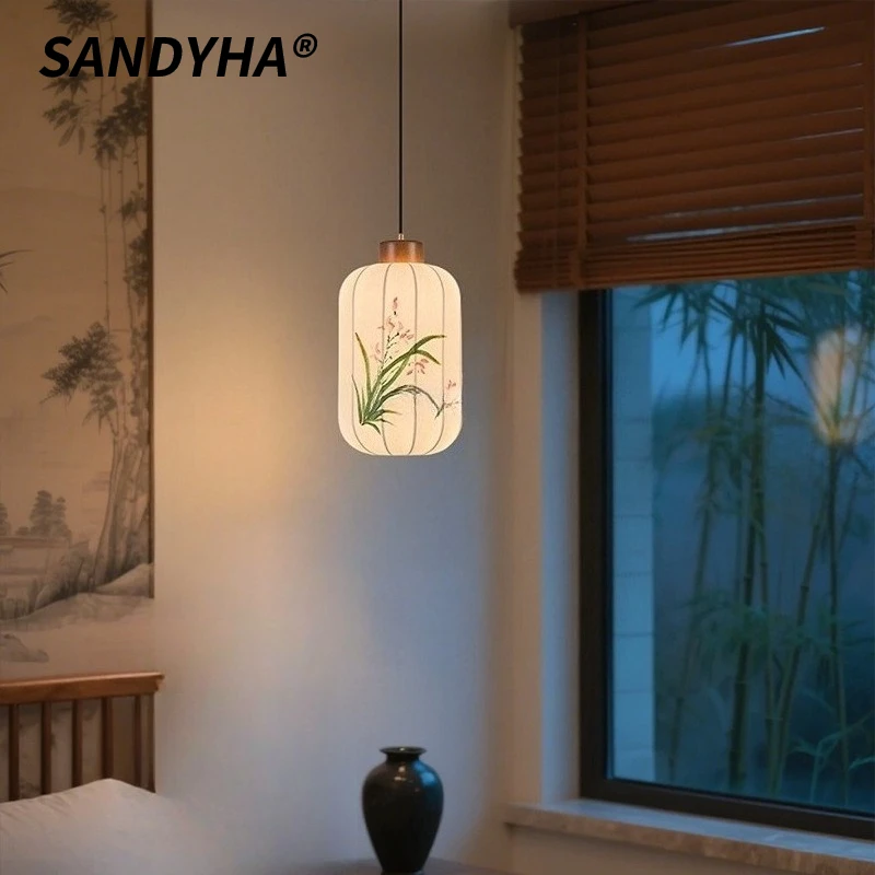 SANDYHA 중국어 레트로 펜던트 조명 손으로 그린 ​​패브릭 샹들리에 아트 LED 조명 침실 거실 식탁 홈 장식