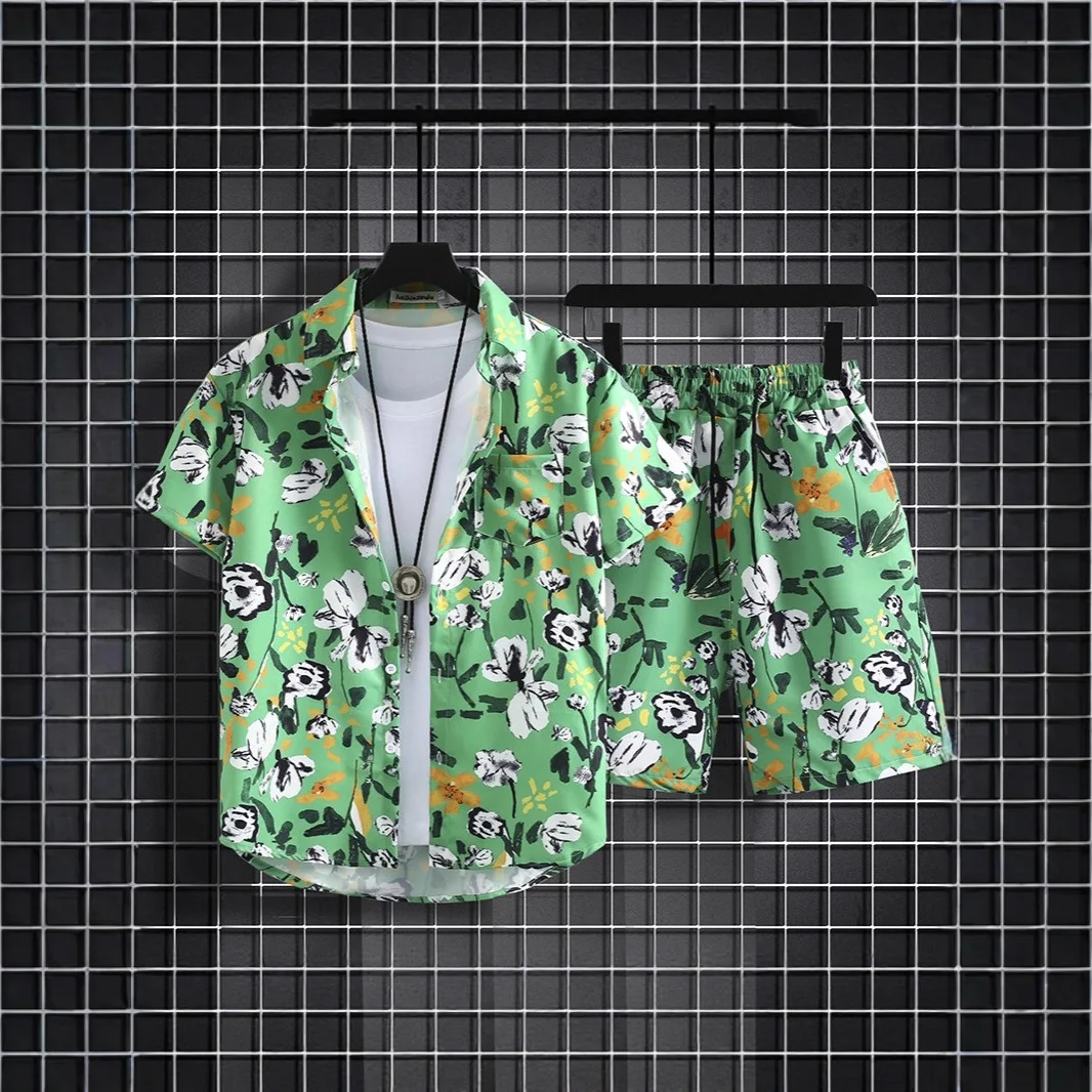 Classic Comfortable Hawaii flowers plants 3D Print shirt +Shorts Two Piece Set Short Sleeve Flip collar shirts half pants