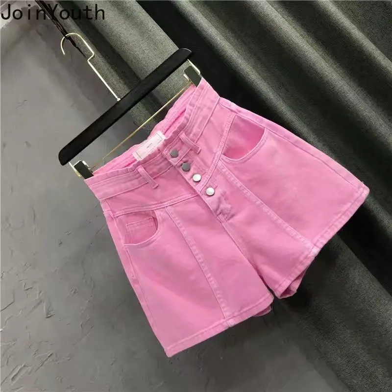 Shorts jeans de cintura alta feminino, calção jeans rosa, calças largas, roupas casuais de verão, roupas de rua, calças novas, moda, Y2K, 2024