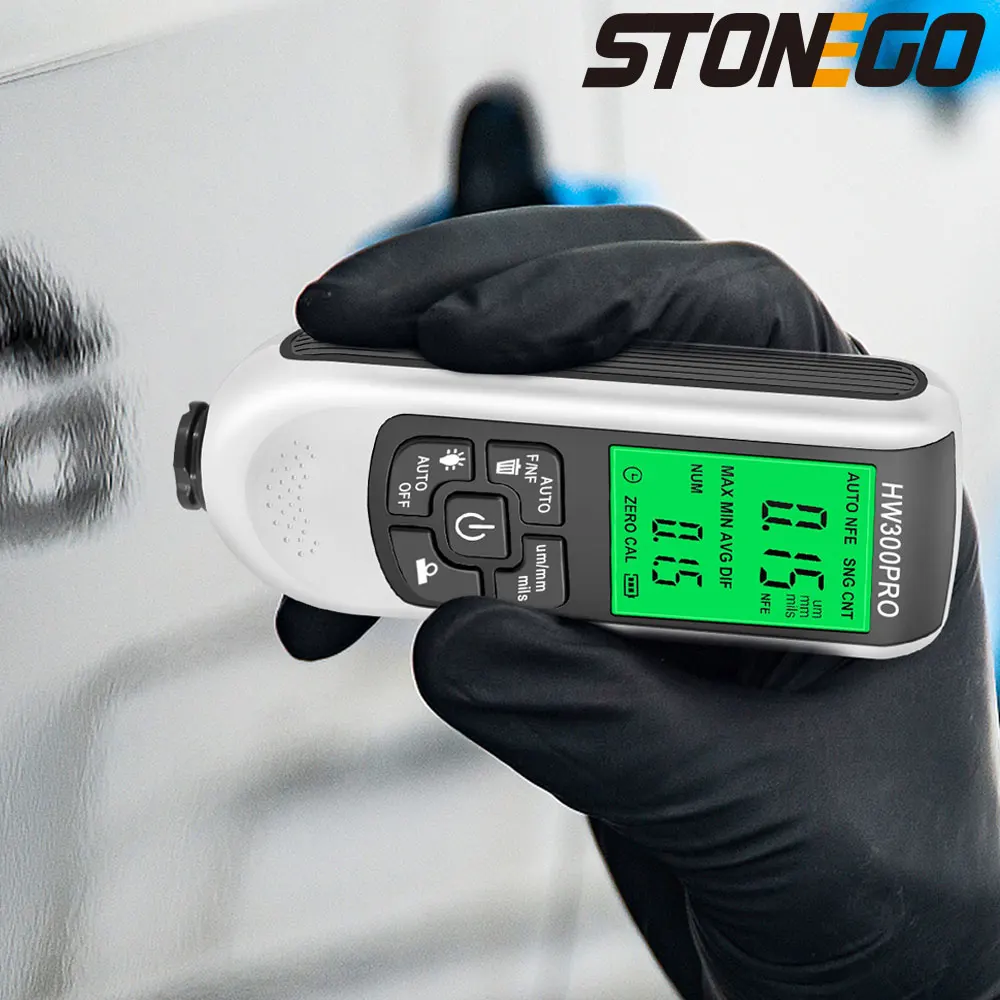 STONEGO HW-300PRO مقياس سمك طلاء السيارات 0-2000UM Fe & NFe طلاء متر أدوات السيارات مع دليل