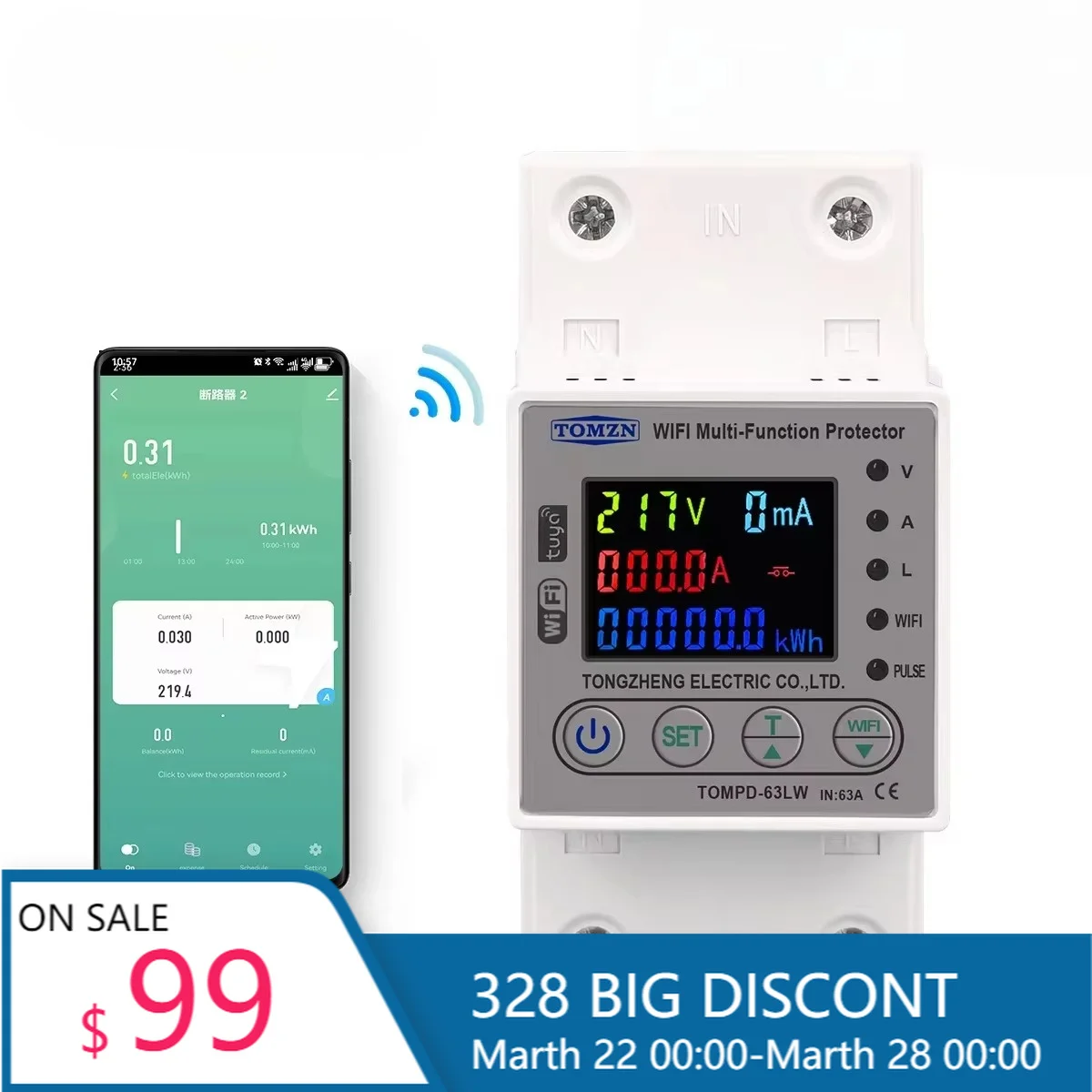 TOMZN Tuya WiFi Smart MCB TOMPD 63A 80A Built-in kWh Watt Meter Voltage Current Timer Leakage Protection Switch