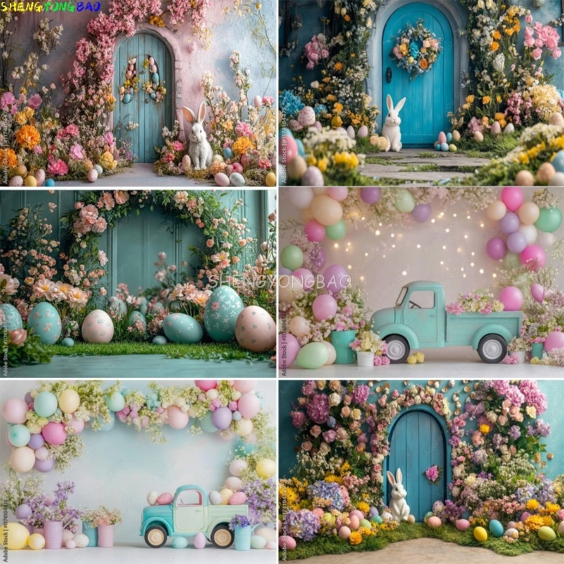 

Colorful Easter Day Floral Photography Backdrop Doorway Eggs Bunny Pastel Whimsical Spring Garden Birthday Party Background HF32