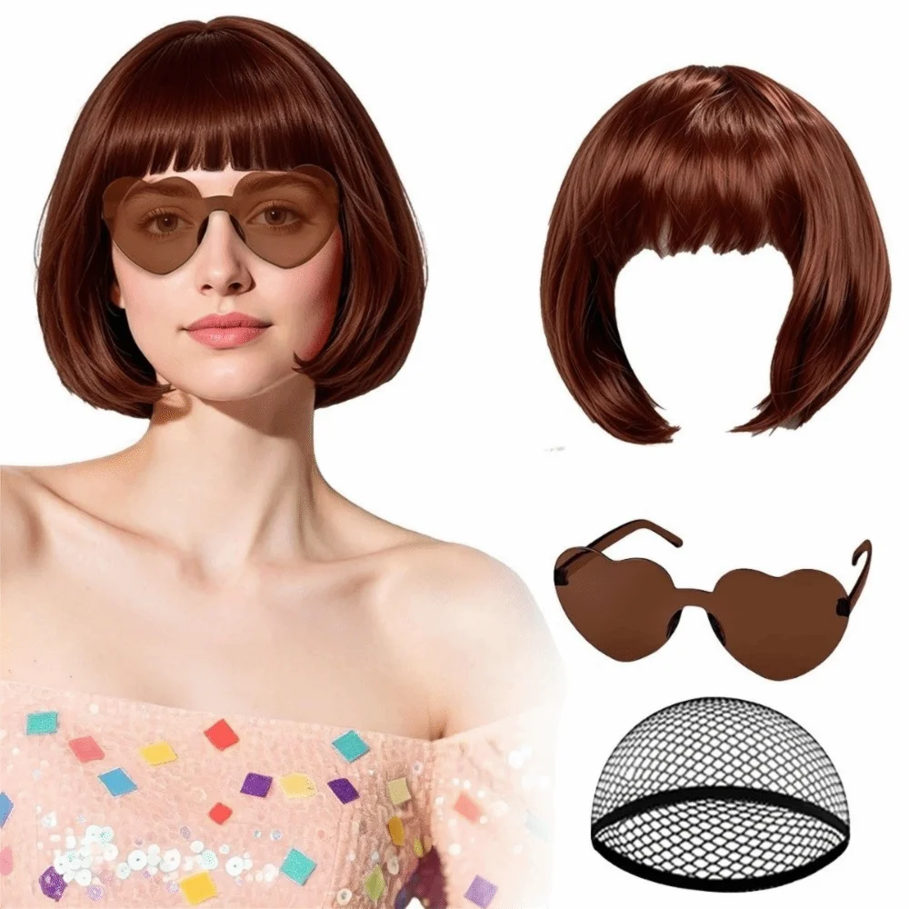 3Pcs Colorful Short Bob Hair Wig Christmas Party Cosplay Wig Set with Hairnet and Glasses Halloween Role-playing Short Hair Wig 3