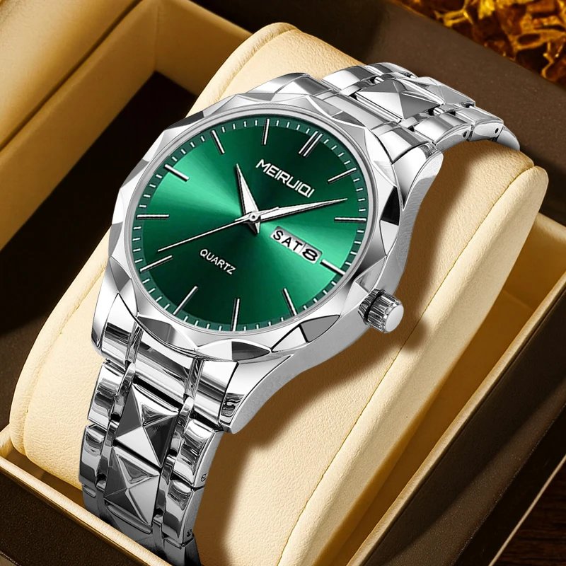 

Мужские серебристо-зеленые кварцевые часы в минималистском стиле с двойным дисплеем и датой.