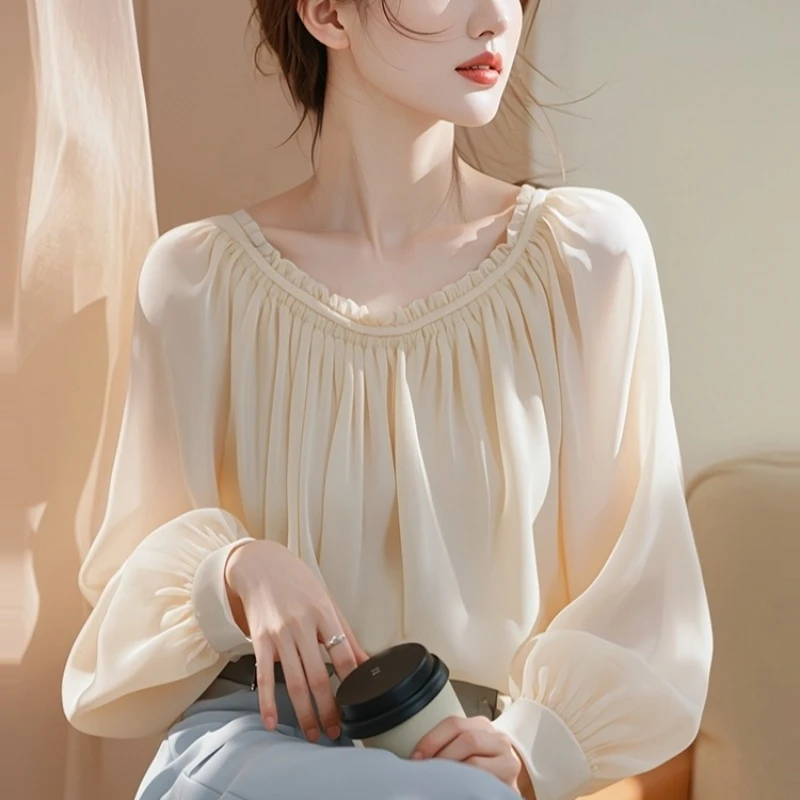 

Vintage Women's Blouses Solid Color Casual Shirts Fashion Loose Summer Korean Clothing Long Sleeved V-neck Chiffon Women Tops
