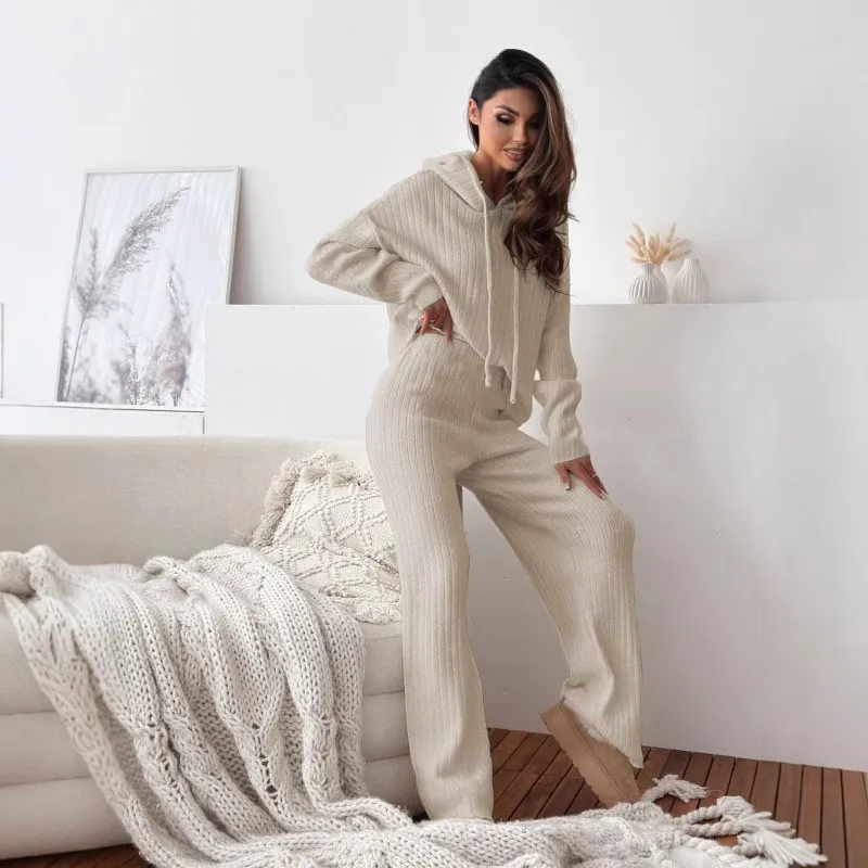 

New in Women's Autumn Tops Wide Leg Pants Sets Fashion Elegant Temperament Pullover Two Piece Knitting Set Clothes
