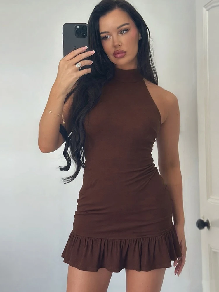 Cutenew Ruche Trim Vrouwen Mini Jurk Klassieke Zomer Halter Stand Kraag Backless Slanke Vestidos Vrouwelijke Basic Verjaardagsfeestje Japon