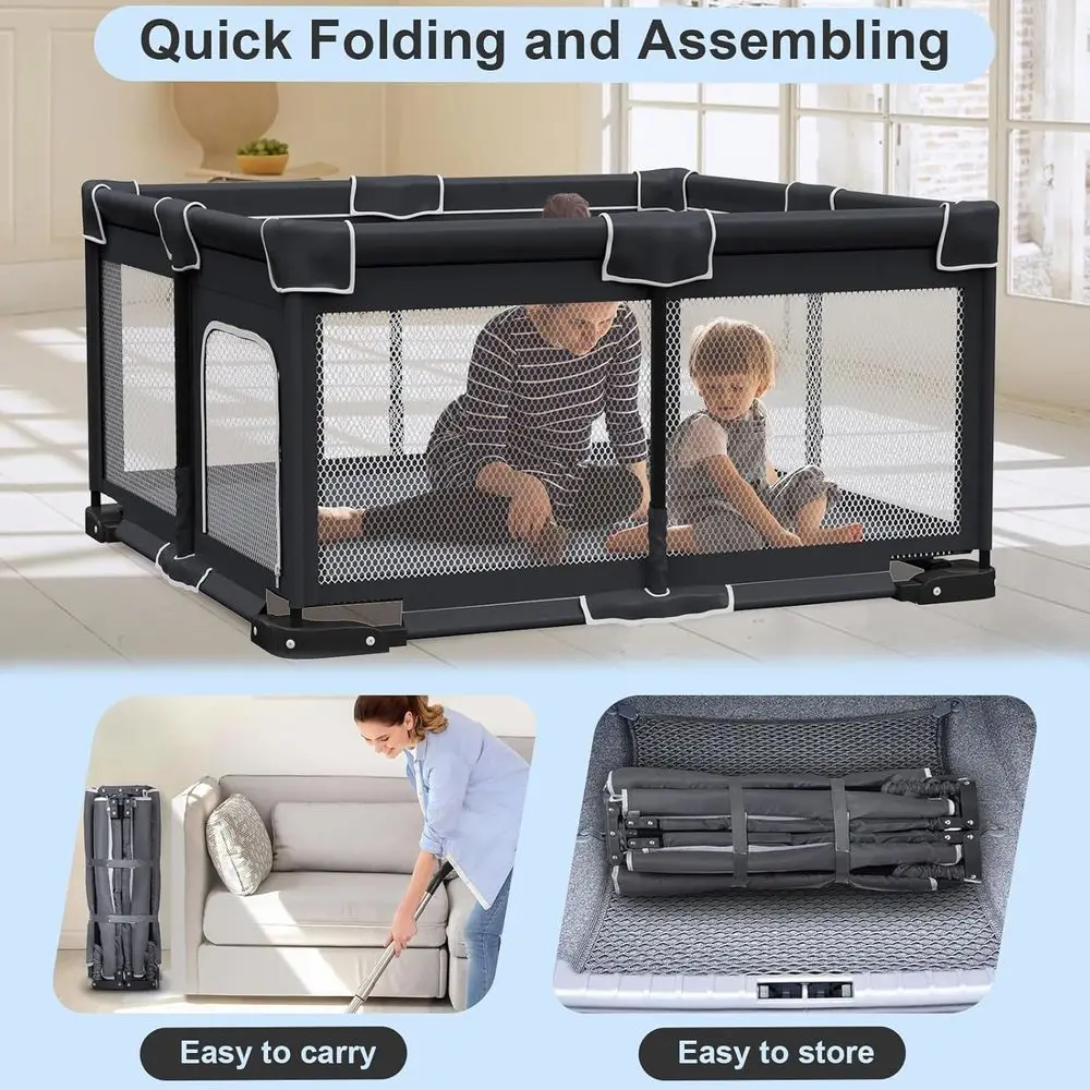 روضة أطفال محمولة قابلة للطي مع حصيرة للأطفال، ساحة لعب للأطفال الصغار بمقبضين (أسود، 50 × 50 بوصة)