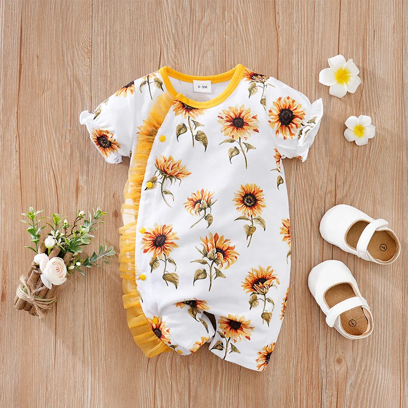 Newborn Clothing Casual Pastoral Style Sunflower Comfortable And Soft Boys And Girls Summer 0-18 Short Sleeved Baby Jumpsuit