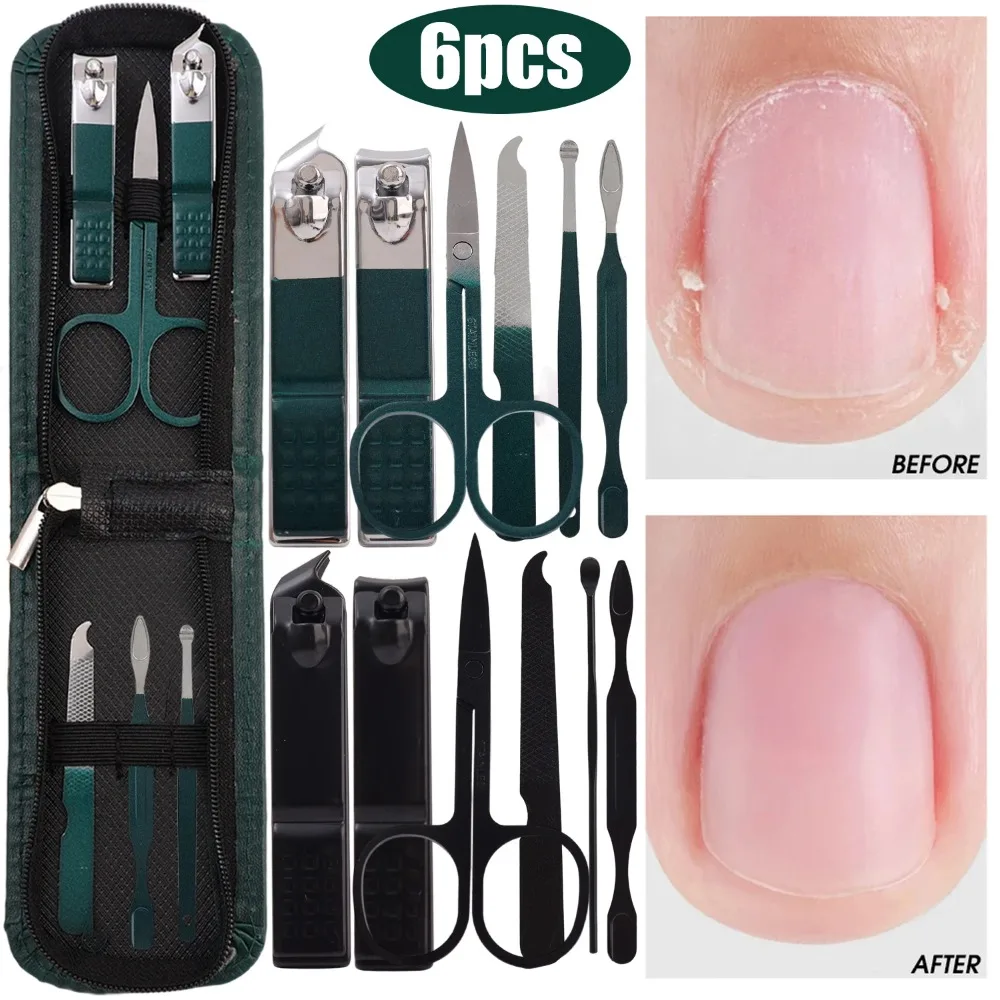 

​6 Pcs Green Black Carbon Steel Manicure Set Portable Nail Clippers File Scissors Kit with Storage Bag for Travel Home​