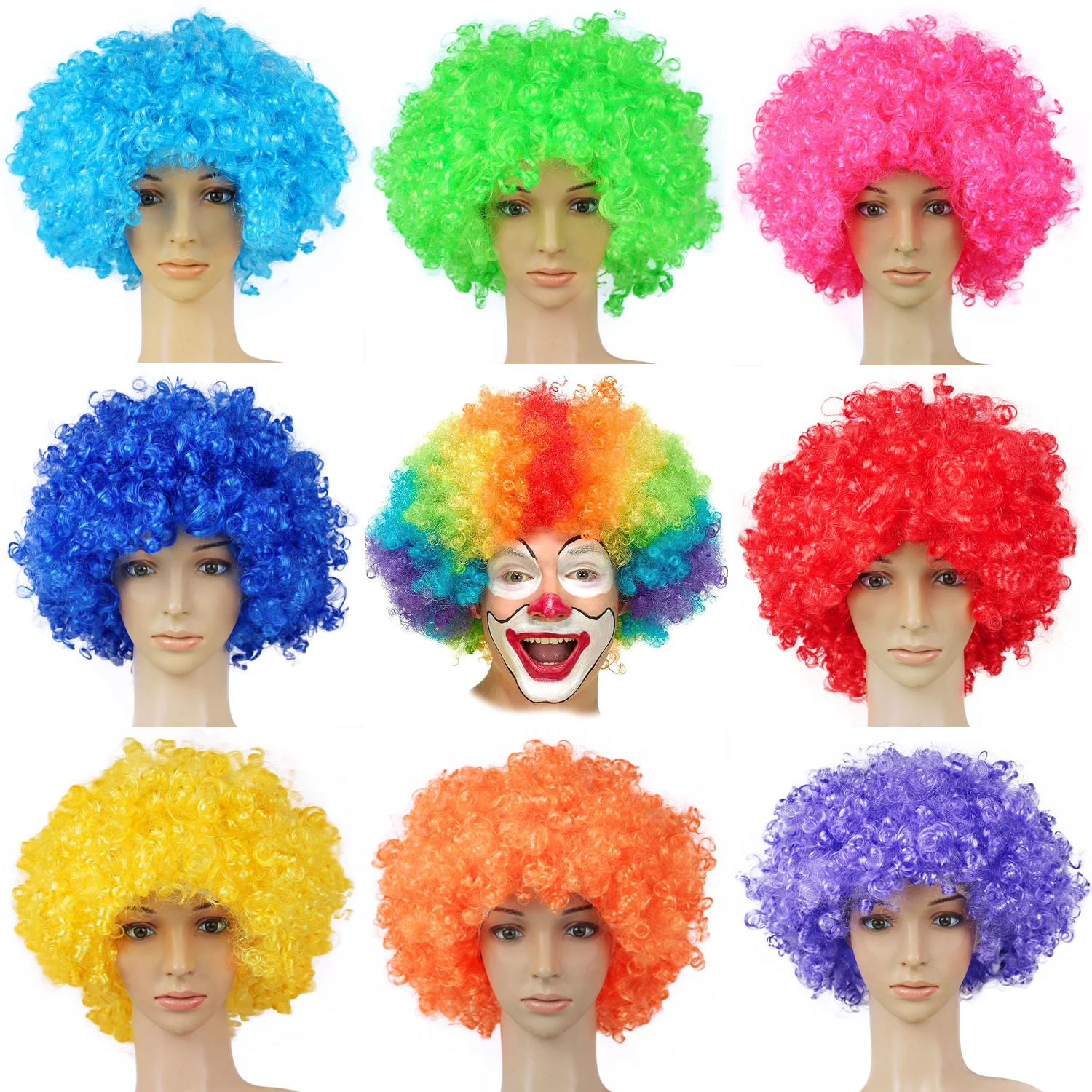 Colorful Clown Wig Afro Curly Synthetic Wig Cosplay for Men Women Mardi Gras Party Wig Red Green Orange Yellow Blue Wig