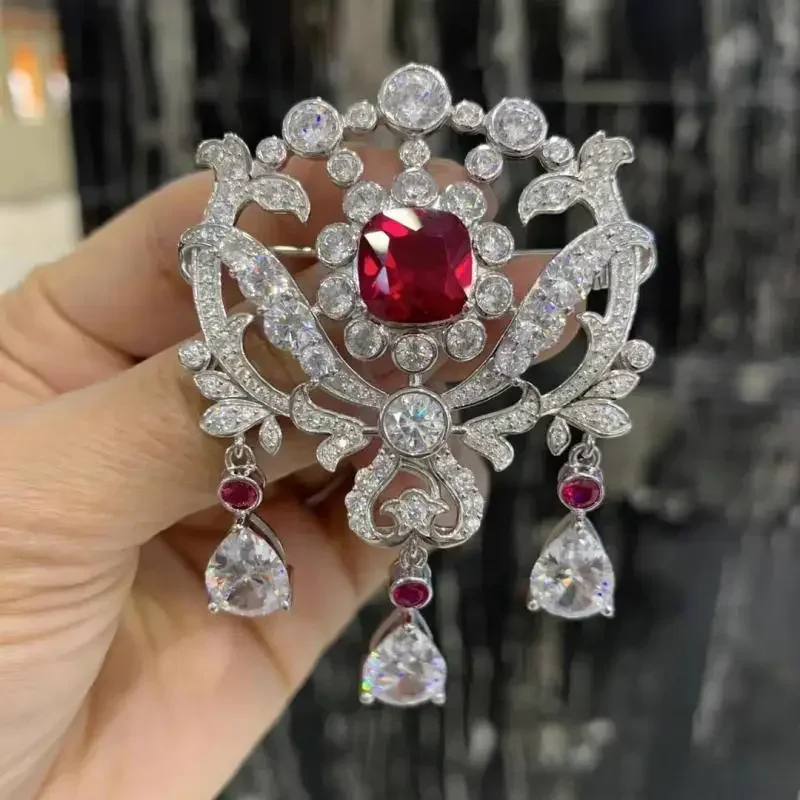 Pirmiana2023 New Retro Design S925 Silver Lab Ruby Brooch Cubic Zircona Gemstones Fashion Jewelry