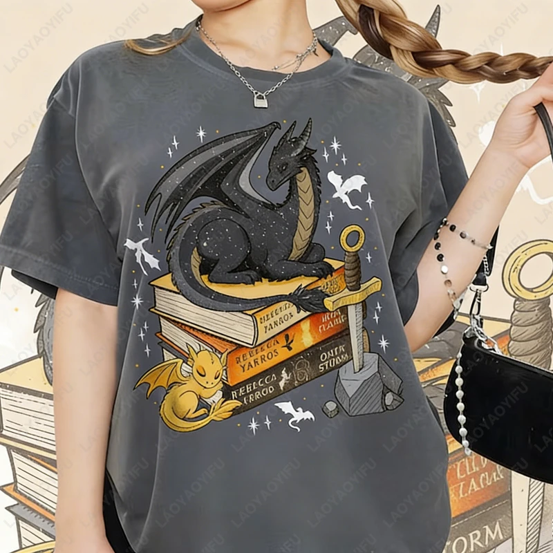 

Fourth Wing Dragon Unisex Adult Cotton Shirt Tairn And Andarna O-neck Retro Printed Woman Tee Holiday Fuuny Gift For Book Lover