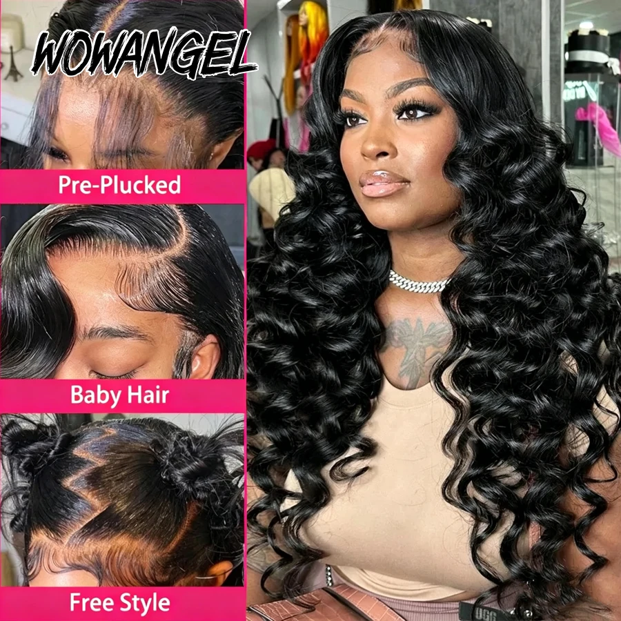 WOWANGEL Loose Wave Glueless Wigs Pre Cut 5x5 HD Lace Closure Wigs 100% Human Hair Pre Plucked Curly Wigs Pre Bleached For Women view 4